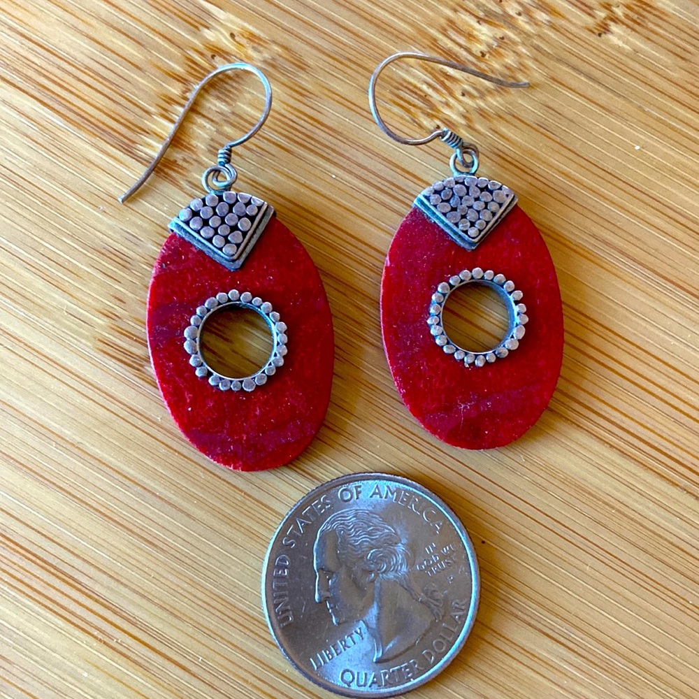 Silver 925 and red sponge coral dangle earrings